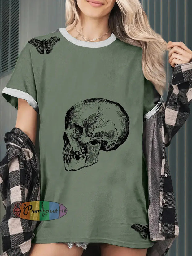 Punk Style Skull And Butterfly Funny Print Casual Short Sleeves T-Shirt Green / S