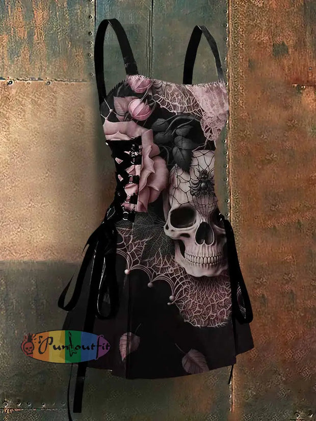 Punk Style Skull And Flowers Art Print Strappy Sleeveless Mini Dress Colorful / S