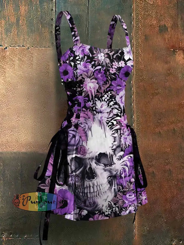 Punk Style Skull Art Print Strappy Sleeveless Mini Dress Colorful / S