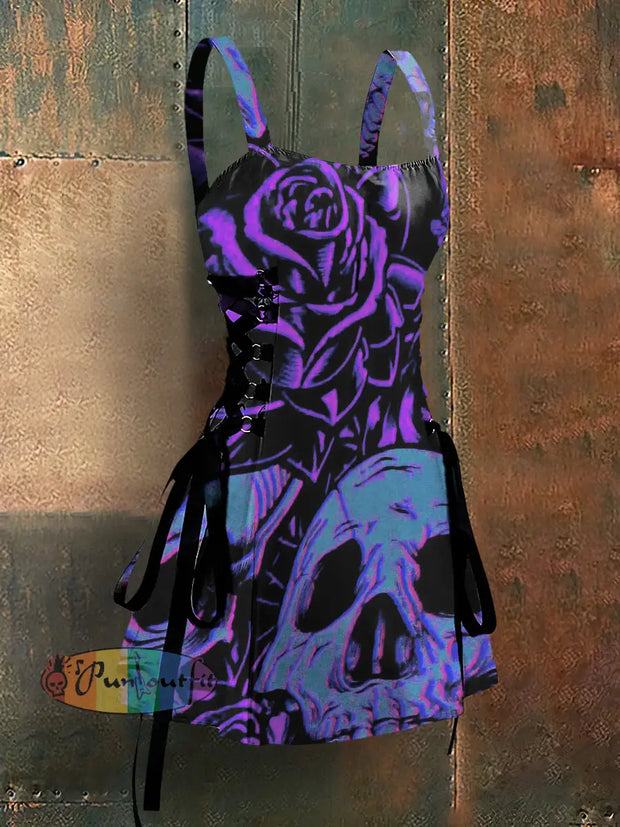 Punk Style Skull Art Print Strappy Sleeveless Mini Dress Purple / S