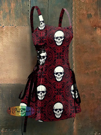 Punk Style Skull Art Print Strappy Sleeveless Mini Dress Red / S