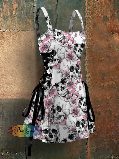 Punk Style Skull Flowers Art Print Strappy Sleeveless Mini Dress Colorful / S