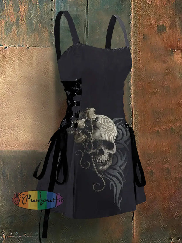 Punk Style Skull Rose Art Print Strappy Sleeveless Mini Dress Black / S