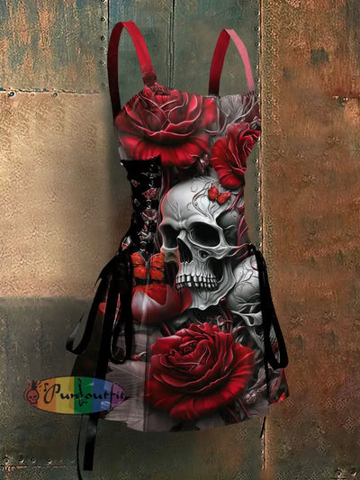 Punk Style Skull Rose Art Print Strappy Sleeveless Mini Dress Red / S