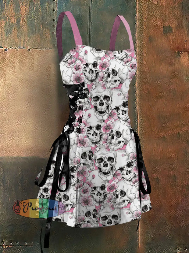 Punk Style Skulls Art Print Strappy Sleeveless Mini Dress Colorful / S