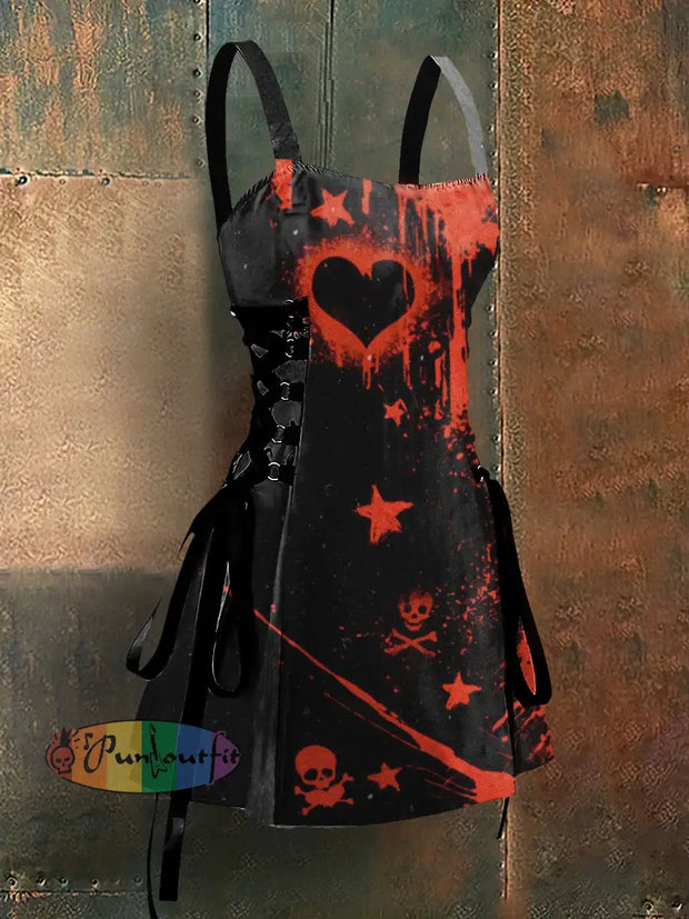 Punk Style Star And Skull Art Print Strappy Sleeveless Mini Dress Black / S