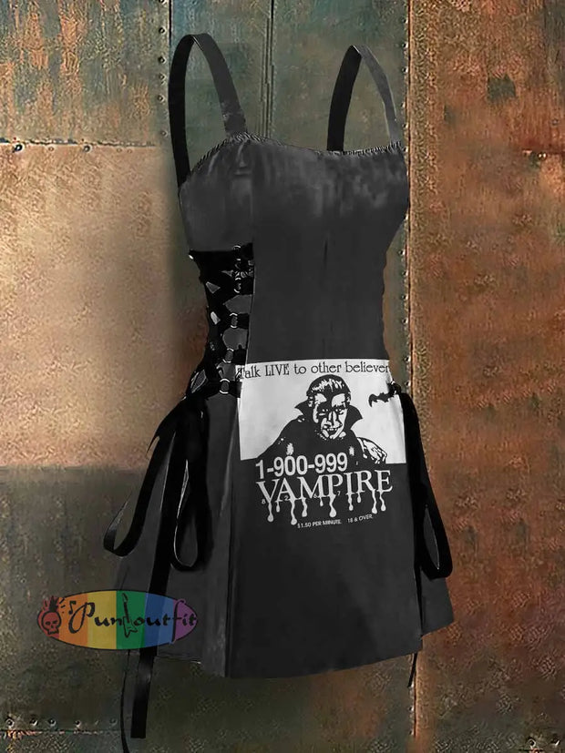 Punk Style Vampire Art Print Strappy Sleeveless Mini Dress Black / S