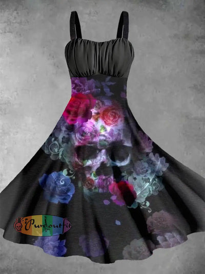 Punk Style Vintage Flowers And Skull Print Daily Midi Dress Colorful / S