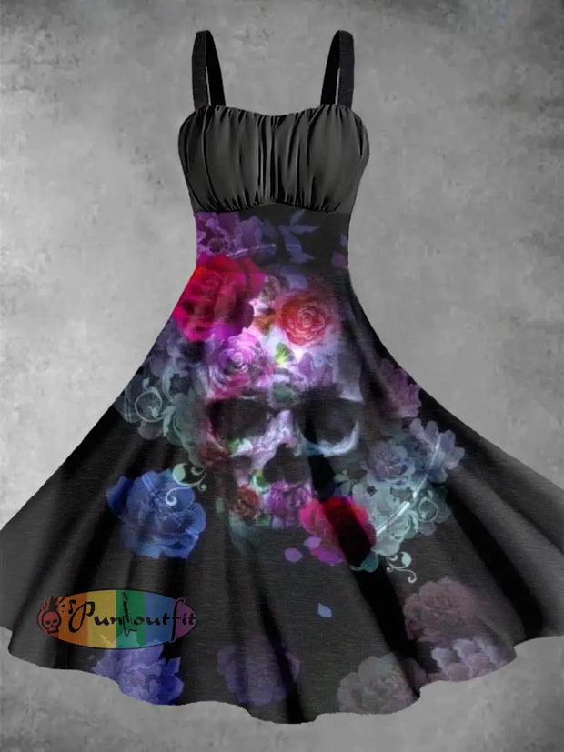 Punk Style Vintage Flowers And Skull Print Daily Midi Dress Colorful / S
