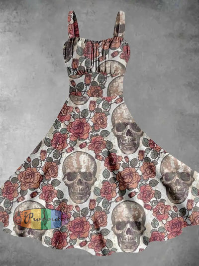 Punk Style Vintage Skull And Rose Print Daily Midi Dress Colorful / S