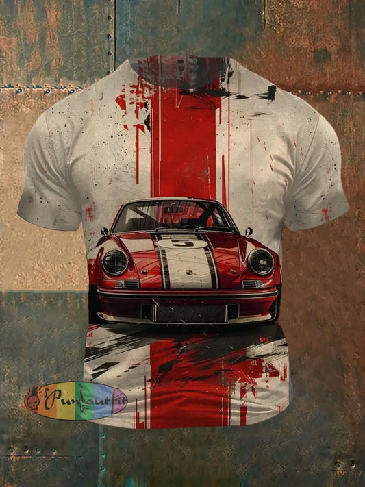 Race Car Printed Vintage Fashion Loose Short Sleeve T-Shirt Apricot / S