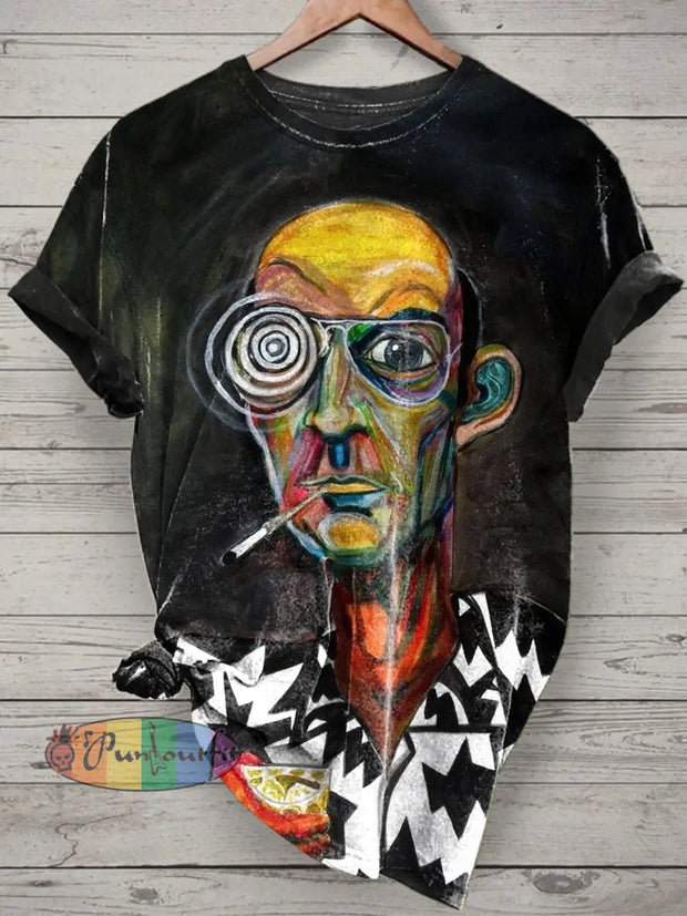 Retro Abstract Printed Vintage Fashion Loose Short Sleeve T-Shirt Black / S