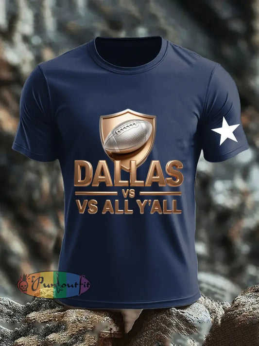Retro American Football Print Casual Cotton Short Sleeve T Shirt Navy Blue / S
