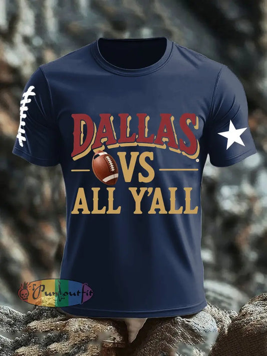 Retro American Football Print Casual Cotton Short Sleeve T Shirt Navy Blue / S