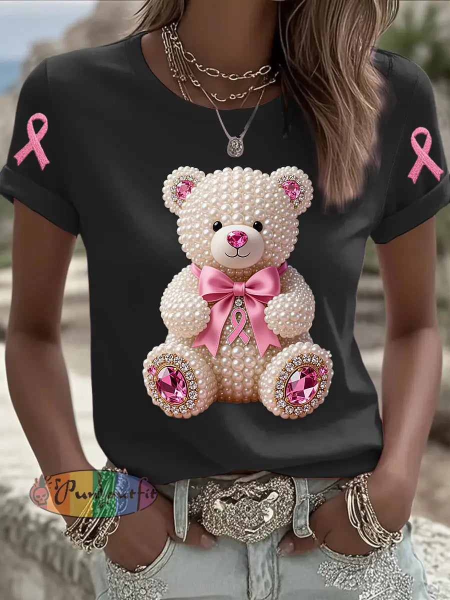 Retro Breast Cancer Pearl Bow Bear Print Short Sleeve T Shirt Black / S
