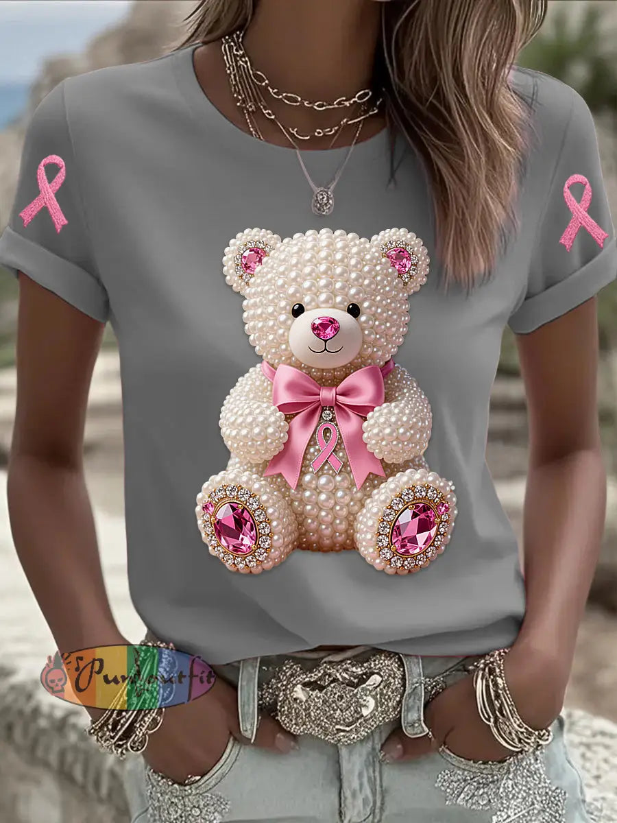 Retro Breast Cancer Pearl Bow Bear Print Short Sleeve T Shirt Gray / S