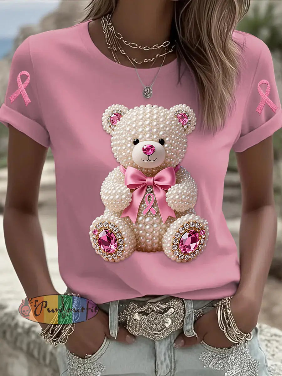 Retro Breast Cancer Pearl Bow Bear Print Short Sleeve T Shirt Pink / S