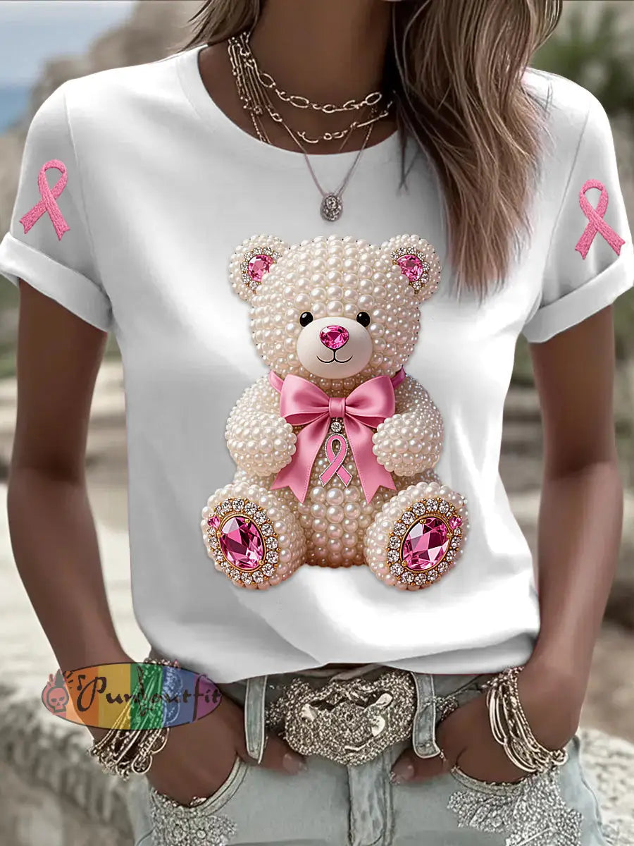 Retro Breast Cancer Pearl Bow Bear Print Short Sleeve T Shirt White / S