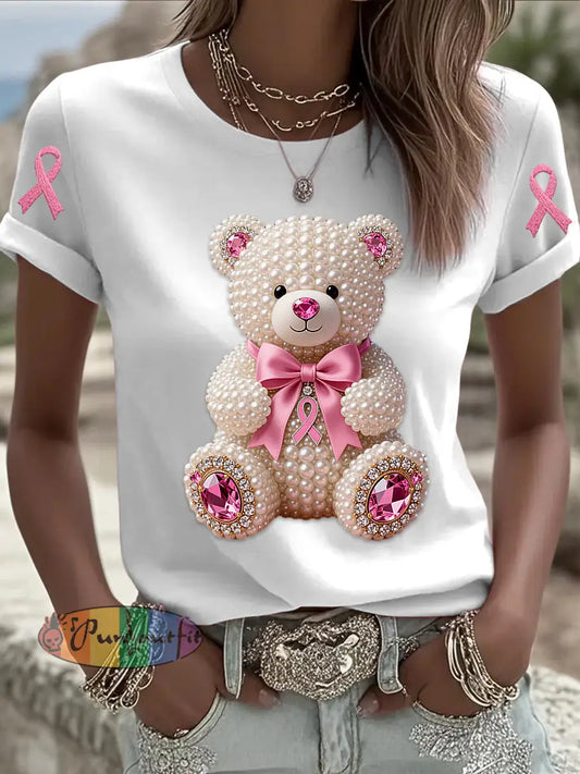Retro Breast Cancer Pearl Bow Bear Print Short Sleeve T Shirt White / S