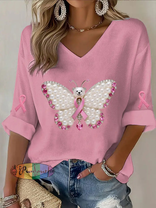 Retro Breast Cancer Pearl Diamond Butterfly Print Casual Cotton Waffle Long Sleeve T Shirt Pink / S