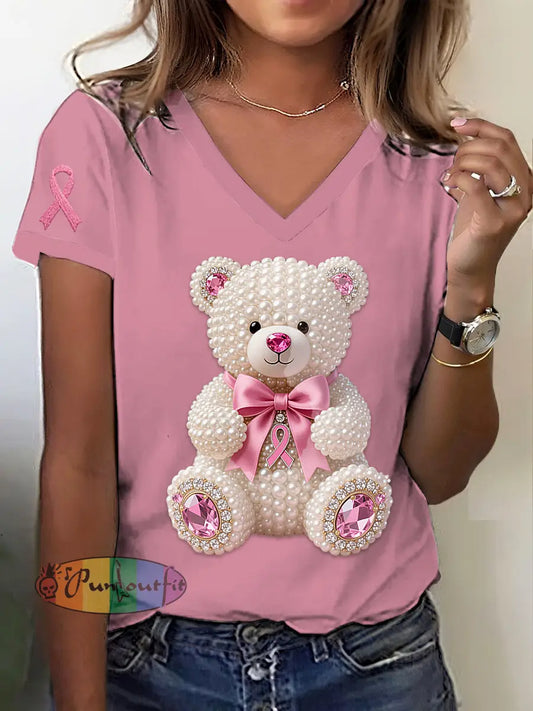 Retro Breast Cancer Pearl Diamond Cute Bear Print V Neck Short Sleeve T Shirt Pink / S