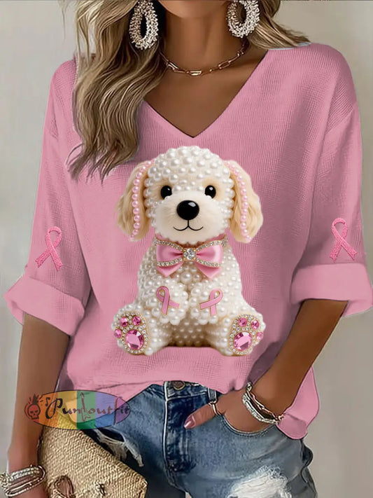 Retro Breast Cancer Pearl Diamond Cute Puppy Print Casual Cotton Waffle Long Sleeve T Shirt Pink / S