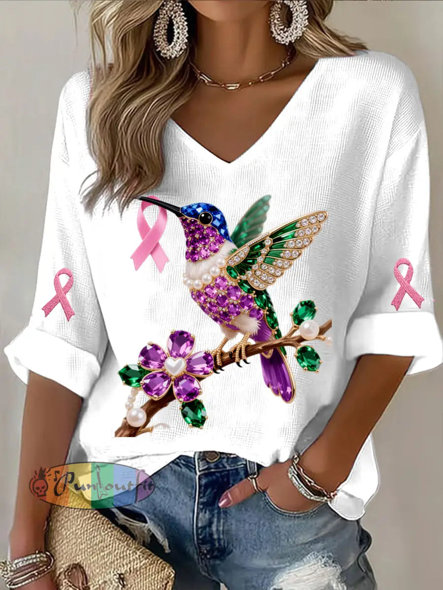 Retro Breast Cancer Pearl Diamond Multicolor Hummingbird Abstract Print Casual Cotton Waffle Long Sleeve T Shirt White