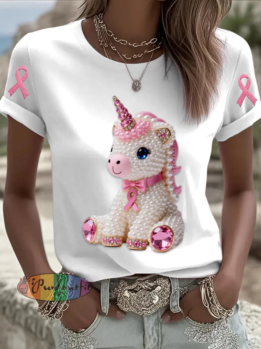 Retro Breast Cancer Pearl Diamond Pony Print Short Sleeve T Shirt White / S
