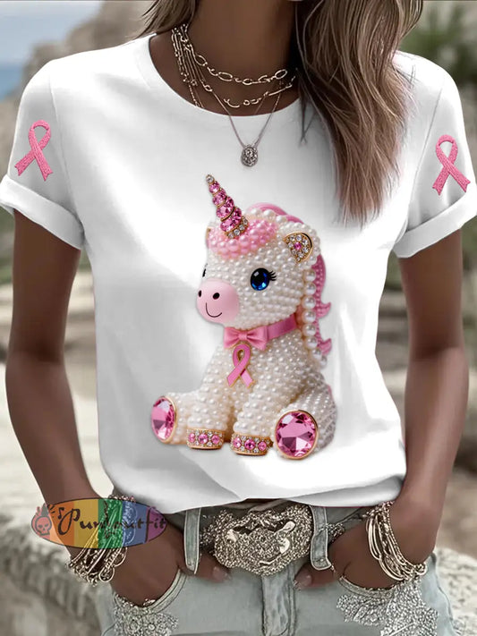 Retro Breast Cancer Pearl Diamond Pony Print Short Sleeve T Shirt White / S