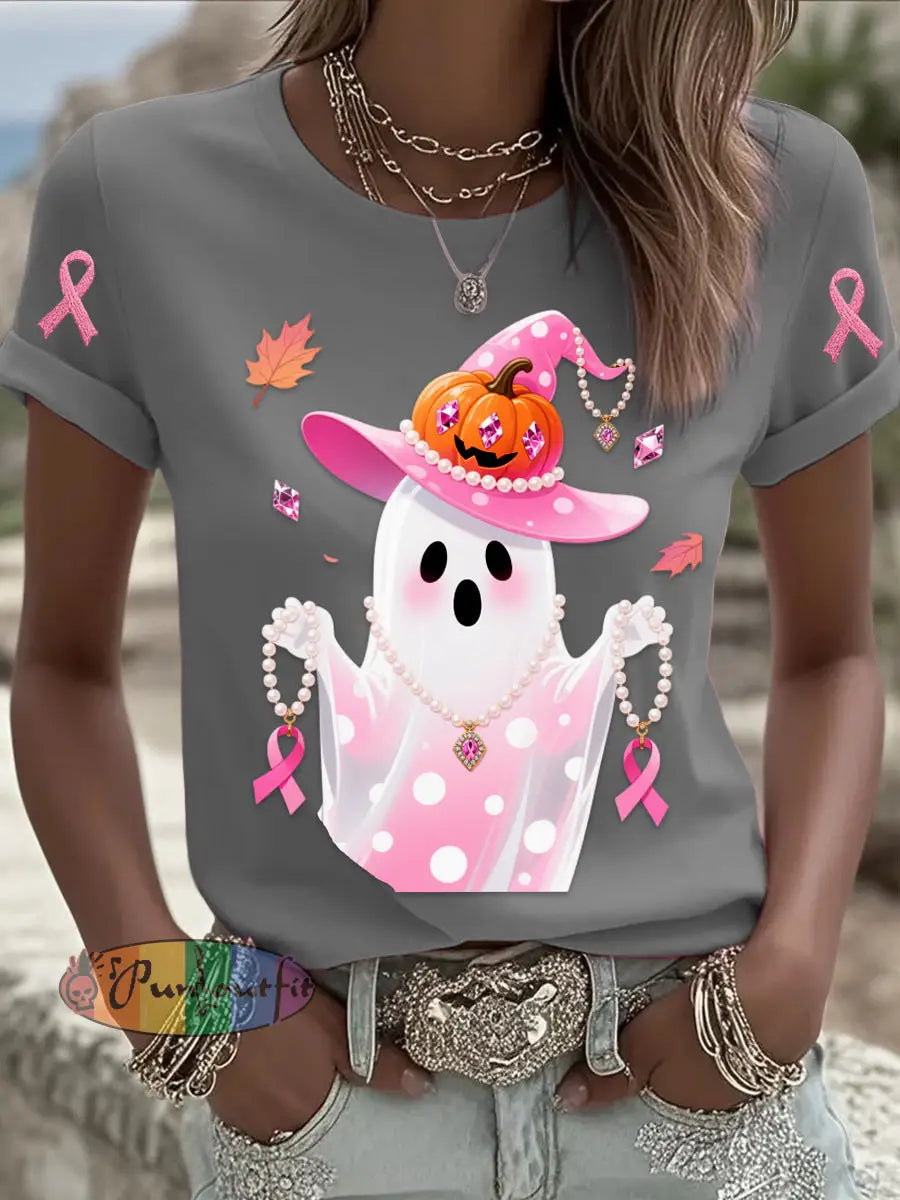 Retro Breast Cancer Pearl Halloween Ghost Print Comfortable Casual Cotton Short sleeved T shirt Gray / S