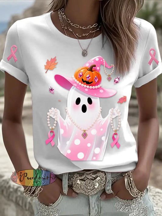 Retro Breast Cancer Pearl Halloween Ghost Print Comfortable Casual Cotton Short sleeved T shirt White / S