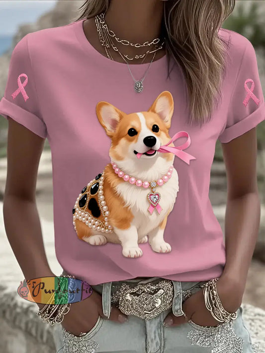 Retro Breast Cancer Pearl Jewelry Corgi Puppy Print Comfortable Casual Cotton Short sleeved T shirt White / S