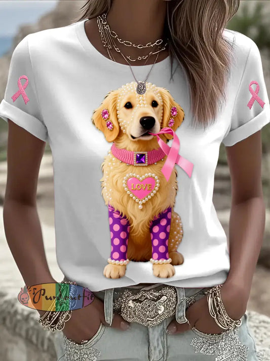 Retro Breast Cancer Pearl Jewelry Loves Cute Dog Print Comfortable Casual Cotton Short sleeved T shirt White / S