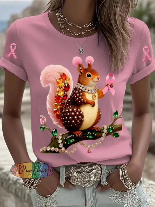 Retro Breast Cancer Pearl Jewelry Squirrel Print Comfortable Casual Cotton Short sleeved T shirt White / S