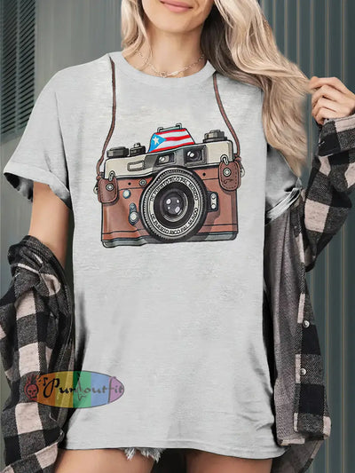 Retro Camera Funny Print Casual Short Sleeves T-Shirt White / S