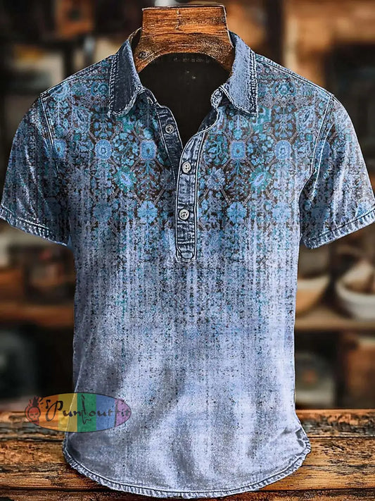 Retro Ethnic Gradient Art Print Casaul Short SLeeve Polo Shirt Light Blue / S