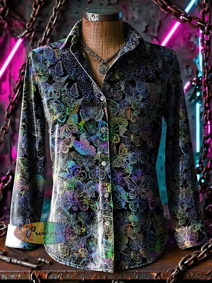 Retro Gothic Multicoloured Butterfly Printed Casual Long Sleeve Regular Shirts Black / S