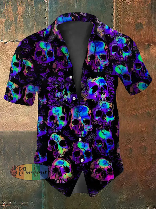 Retro Gothic Psychedelic Skull Abstract Print Casual Cotton Short Sleeve Shirt Purple / S