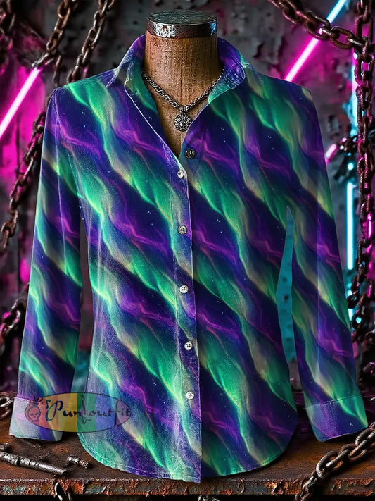 Retro Gothic Stage Aurora Ripples Printed Casual Long Sleeve Regular Shirts Purple / S