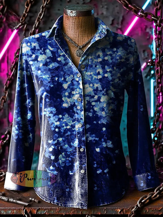 Retro Gothic Stage Blue Gradient Sequins Printed Casual Long Sleeve Regular Shirts Blue / S