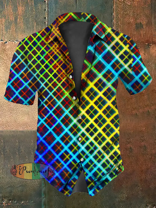 Retro Gothic Stage Colorful Plaid Abstract Print Casual Cotton Short Sleeve Shirt Multicolour / S