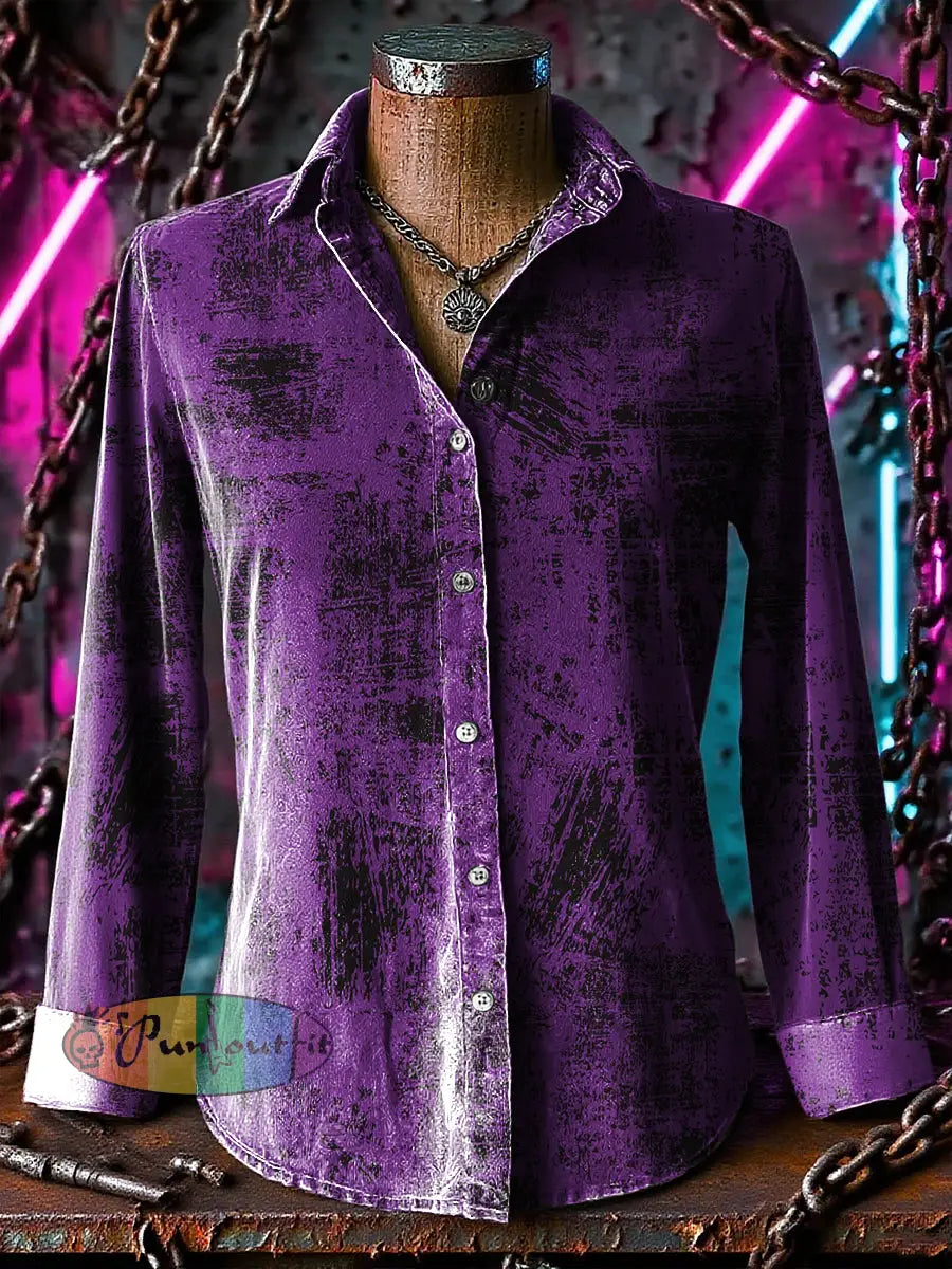 Retro Gothic Stage Gradient Graffiti Printed Casual Long Sleeve Regular Shirts Purple / S