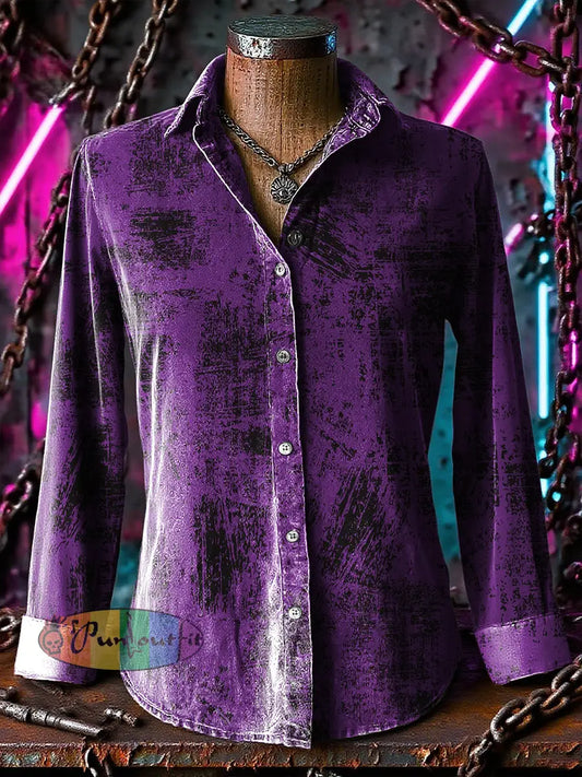 Retro Gothic Stage Gradient Graffiti Printed Casual Long Sleeve Regular Shirts Purple / S