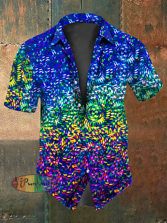 Retro Gothic Stage Multicolored Sequins Swirl Abstract Print Casual Cotton Short Sleeve Shirt Multicolour / S
