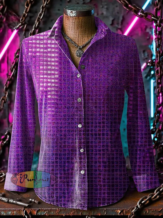 Retro Gothic Stage Purple Sequin Plaid Printed Casual Long Sleeve Regular Shirts Purple / S