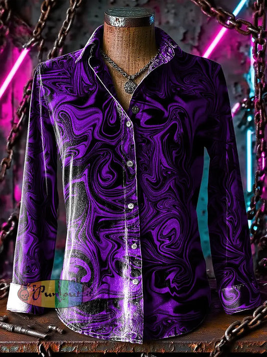 Retro Gothic Stage Purple Waves Printed Casual Long Sleeve Regular Shirts Purple / S