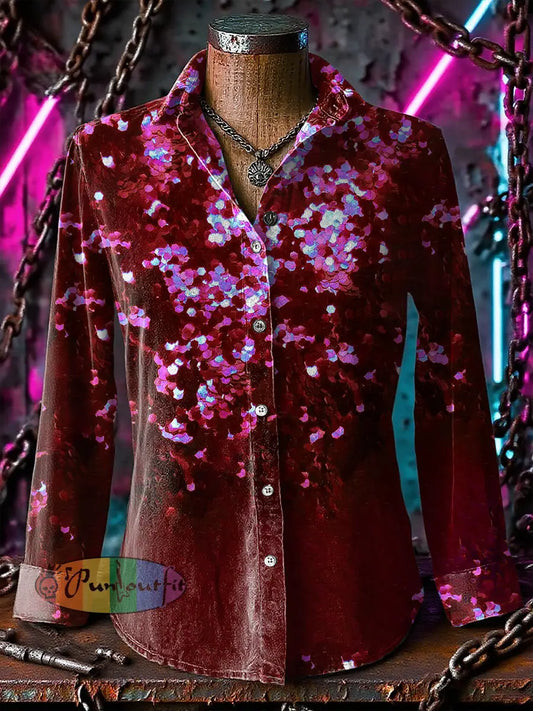 Retro Gothic Stage Red Sequins Printed Casual Long Sleeve Regular Shirts Red / S