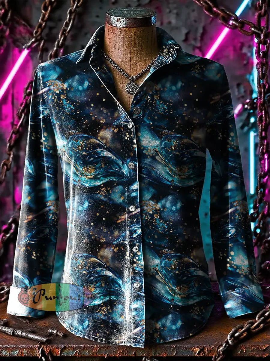 Retro Gothic Stage Ripple Sequins Printed Casual Long Sleeve Regular Shirts Blue / S