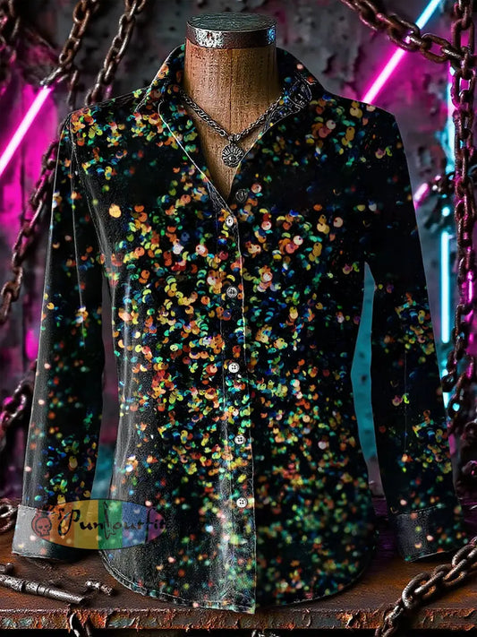 Retro Gothic Stage with Colorful Sequins Printed Casual Long Sleeve Regular Shirts Black / S