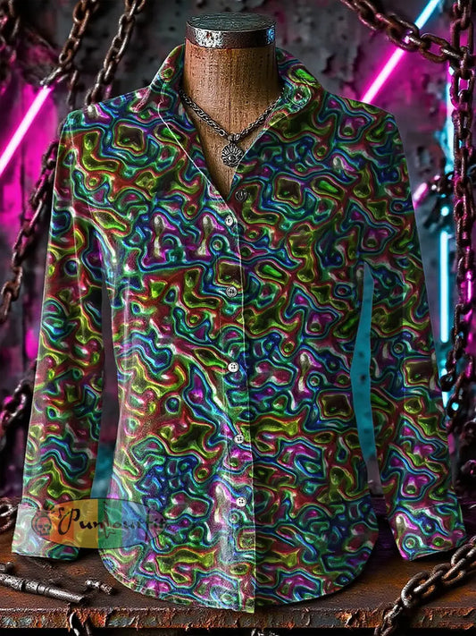 Retro Gothic Stage with Colorful Waves Printed Casual Long Sleeve Regular Shirts Multicolour / S